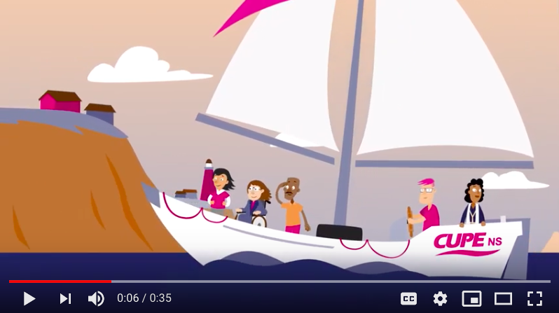 Still photo from a CUPE Nova Scotia video. Four members sailing on a boat.