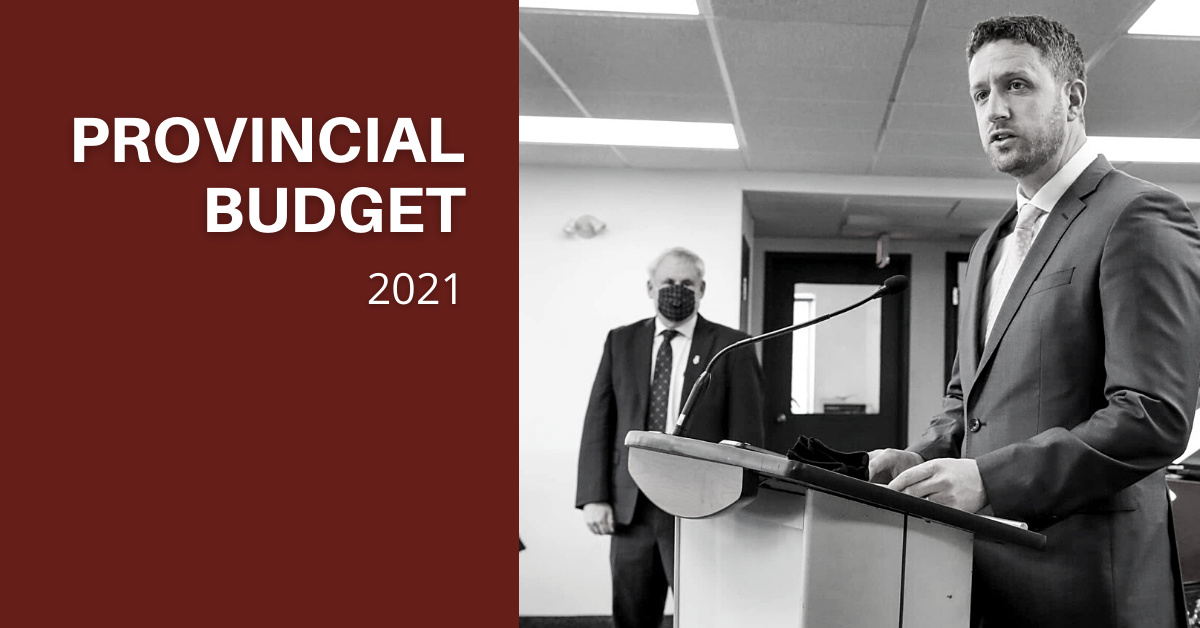Web banner. Text: Provincial Budget 2021. Image Premier Iain Rankin