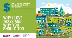 Webinar promo. Text: Why I love taxes and why you should too. Who’s taking the cake, while we fight over the crumbs? Image: illustration of a community.