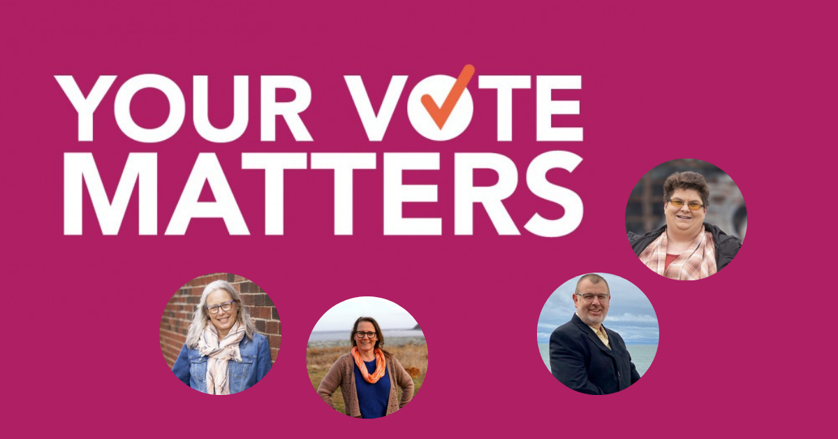Web banner. Text: Your vote matters. Image check mark with photos of four CUPE member-candidates.