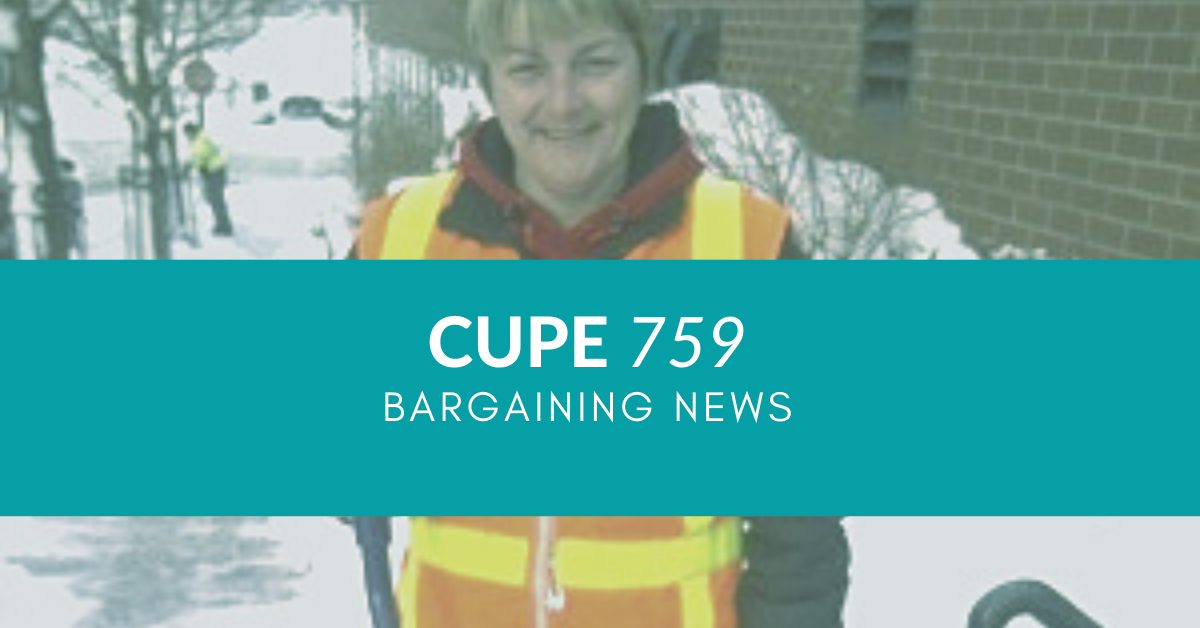 Web banner. Photo of woman outdoors wearing a safety vest and snow shovel. Text: CUPE 759 bargaining news.