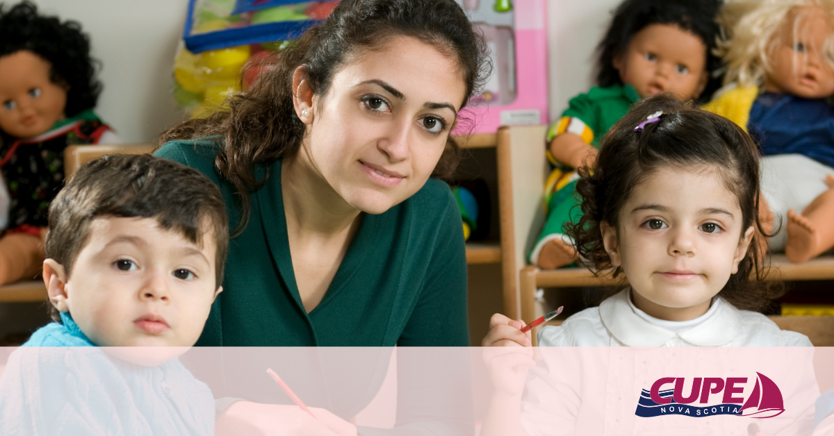 Web banner. No text. Photo of young, female childcare worker painting with two children. CUPE NS logo added.