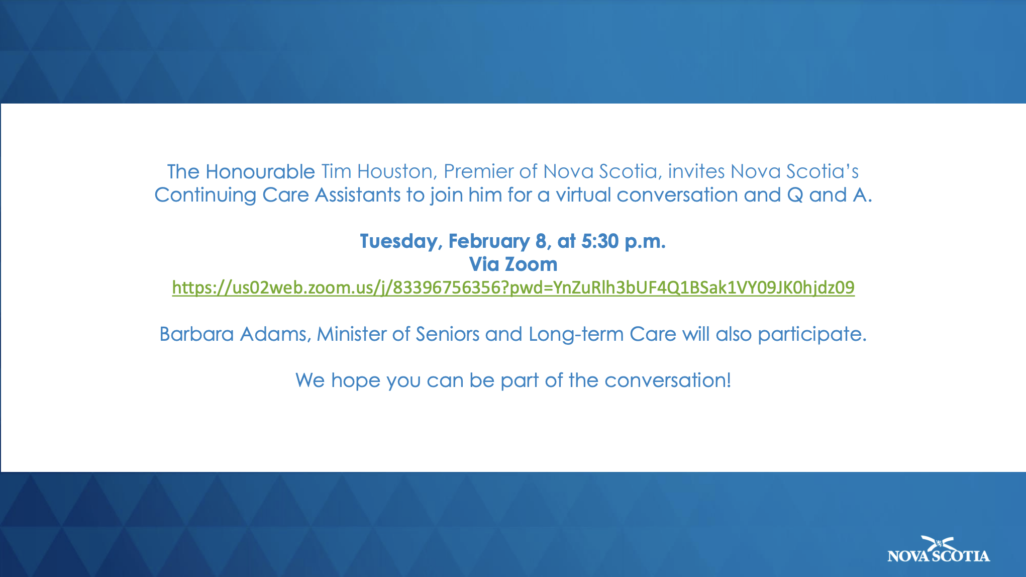 Invitation for CCAs to zoom call with Premier Tim Houston on Feb. 8
