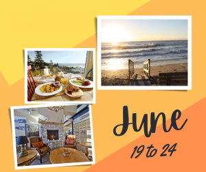 Text: June 19 to 24. Three photos of the White Point Resort and beach