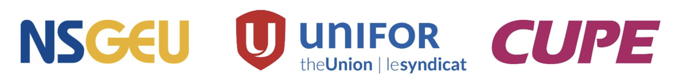 Logos of three unions: Unifor, NSGEU, and CUPE