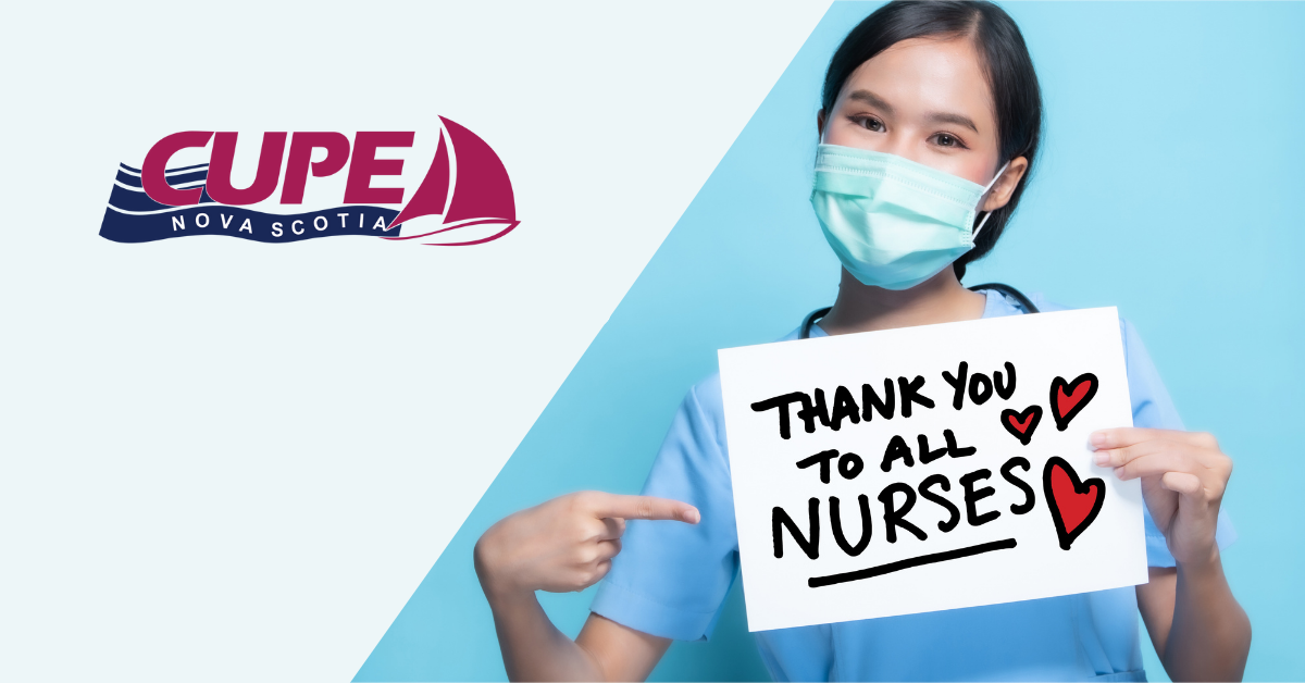Web banner. Young, female nurse wearing scrubs, pointing to a hand-held sign that says "Thank you to all nurses"