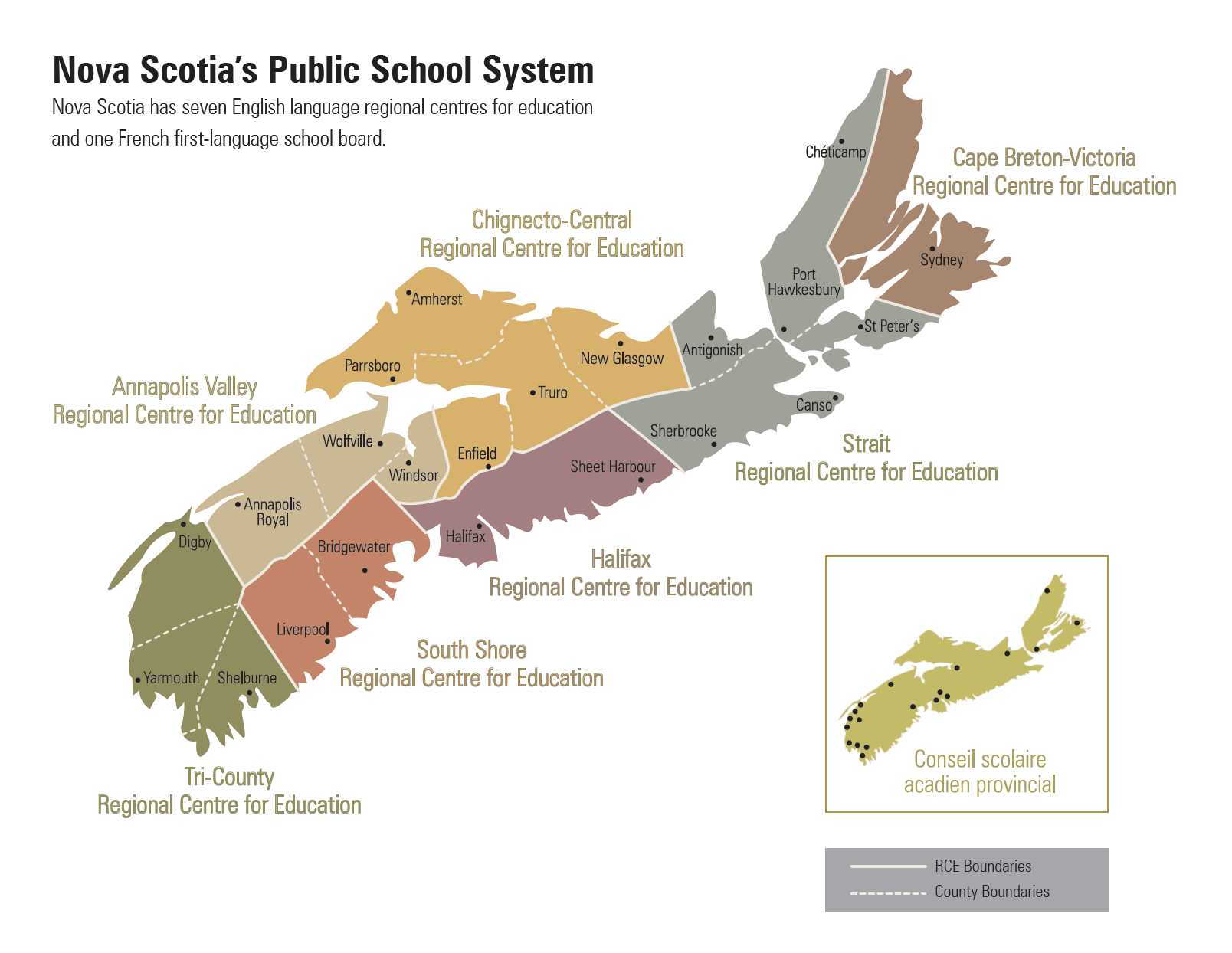 Map showing the eight regional centres for education in Nova Scotia