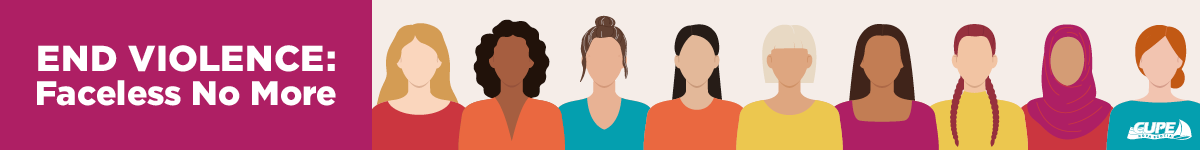Illustration depicting the blank faces of none women, representing different ethnic backgrounds. Text overlay says, "End Violence: Faceless No More".