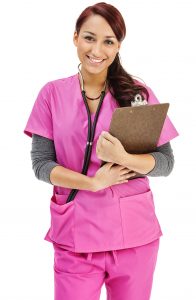 oung Hispanic Nurse in Pink Scrubs with Clipboard
