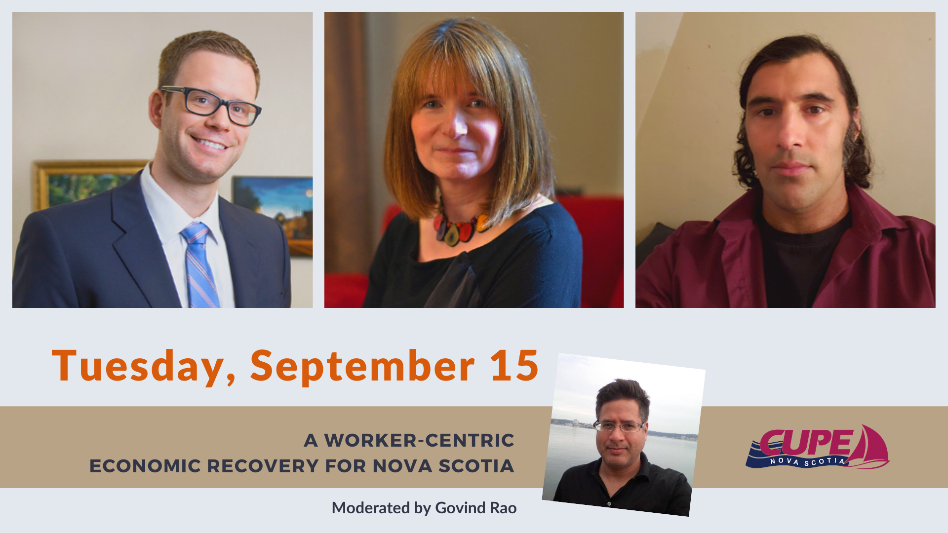 web banner - Webinar: A Worker-Centric Economic Recovery for Nova Scotia. Photos of three panelists and the moderator. Date: Tuesday, September 15