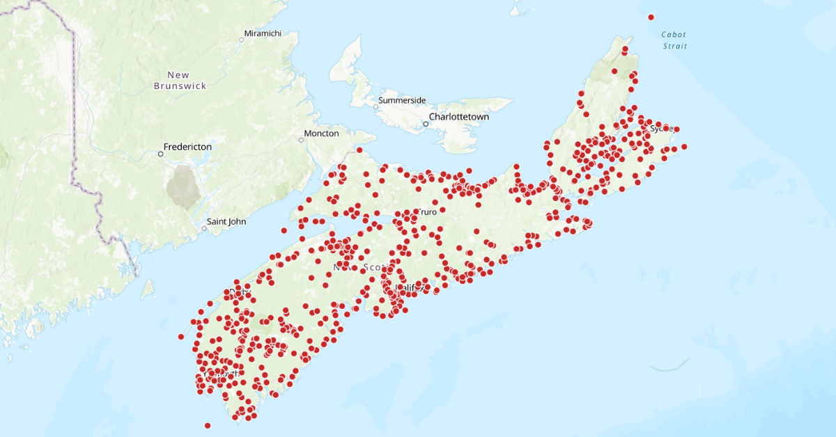 Map of Nova Scotia from the Mi'kmaw Place Names Digital Atlas