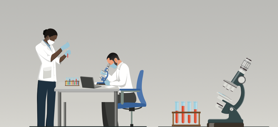 Illustration: vaccine development. Female and male wearing lab coats conducting lab testing