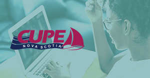 Web banner. Text: April 20. Images: CUPE NS logo and photo of young woman watching a webinar on her laptop.