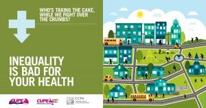 Webinar promo. Text: Inequality is bad for your health. Who’s taking the cake, while we fight over the crumbs? Image: illustration of a community.
