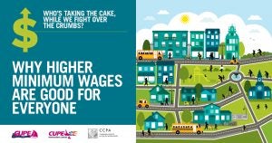 Webinar promo. Text: Why higher minimum wages are good for everyone. Who’s taking the cake, while we fight over the crumbs? Image: illustration of a community.