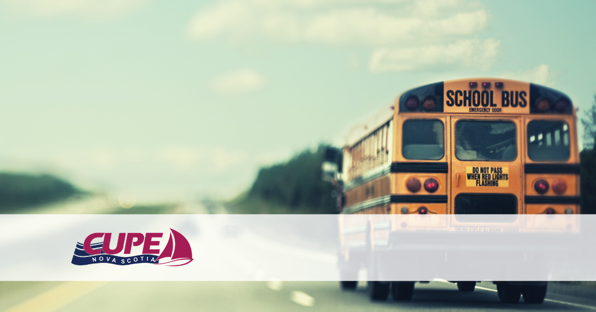 Web banner. No text. Image: school bus on a highway, and the CUPE NS logo