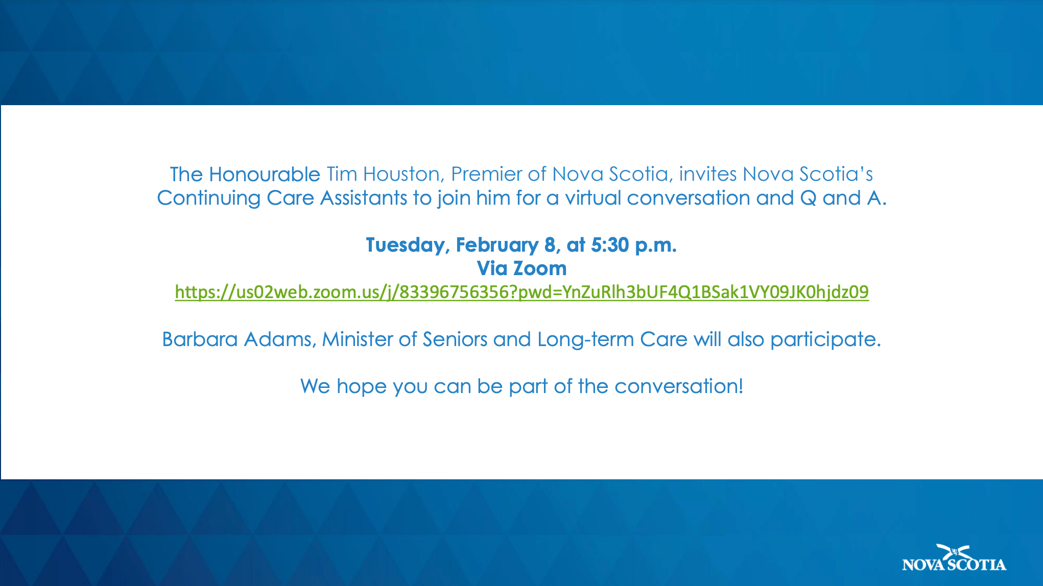Invitation for CCAs to zoom call with Premier Tim Houston on Feb. 8